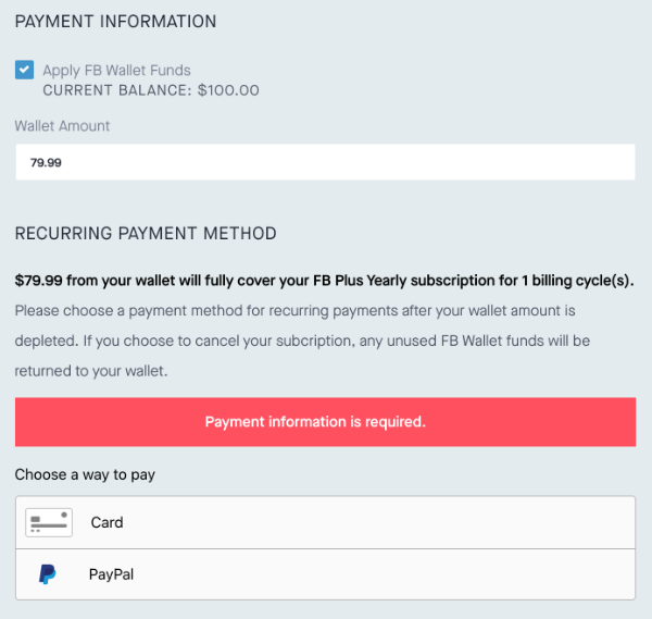 Screenshot of FB Wallet form for new subscriptions